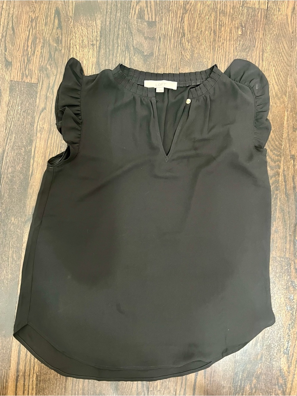 LOFT Black Ruffle Flutter Sleeve Split Neck Blouse Top Size Small